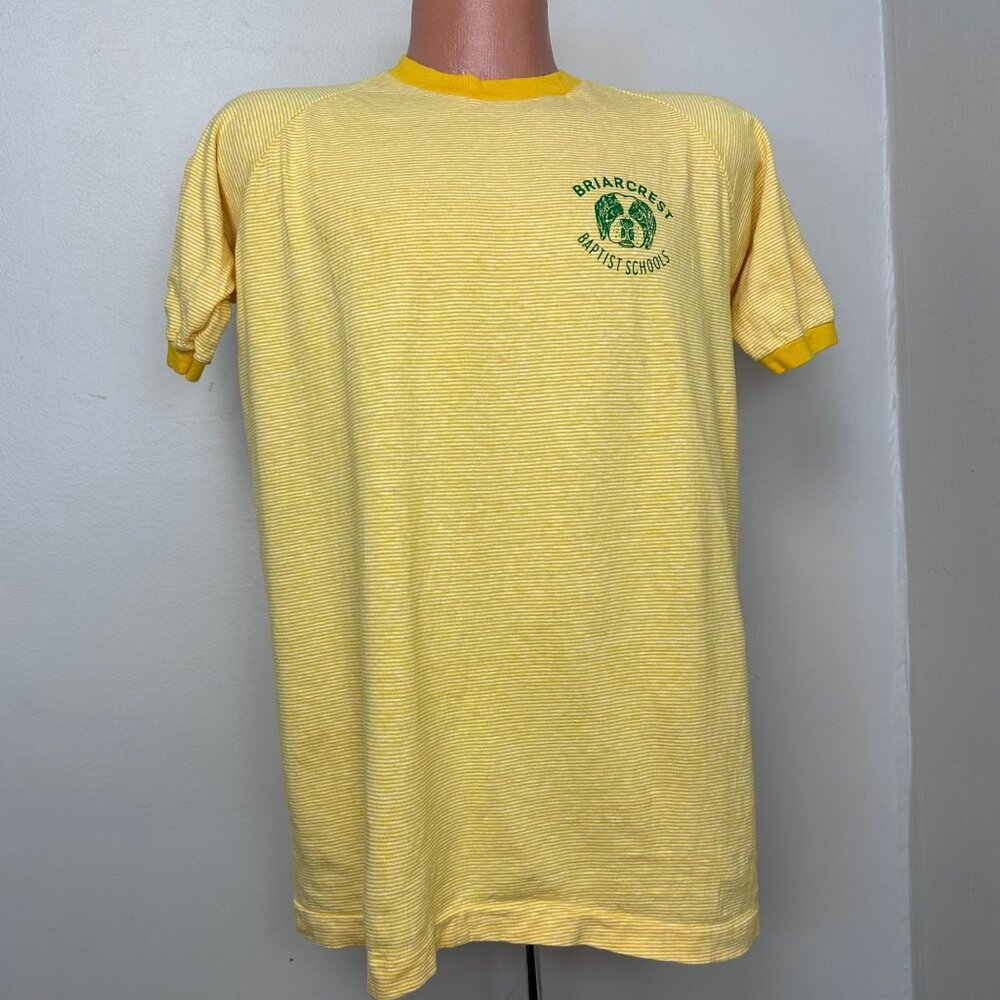 Vintage 1970s Briarcrest Baptist Schools Yellow Stripe T-Shirt Champion Size M/L